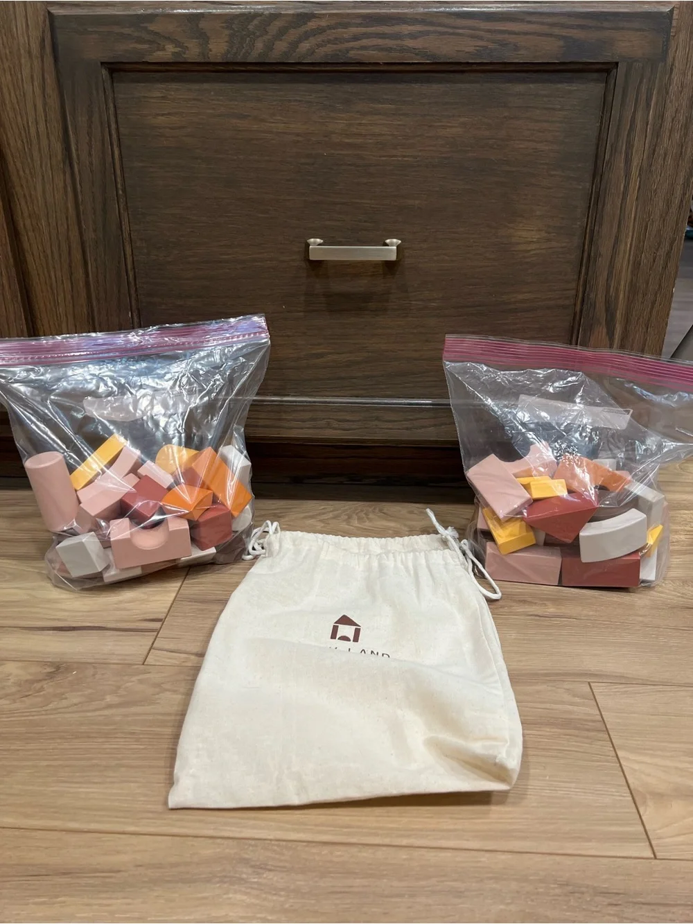 Tiny Land Pink & Orange Wooden Block Storage Bag Set 68 piece set
